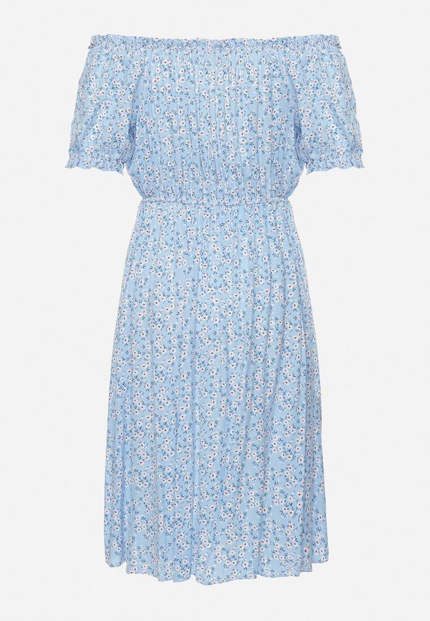 Born2be - Niebieska Sukienka Midi z Wiskozy Hiszpanka w Kwiatowy Print Oserafia. Typ kołnierza: dekolt hiszpanka. Kolor: niebieski. Materiał: wiskoza. Wzór: nadruk, kwiaty. Styl: boho. Długość: midi