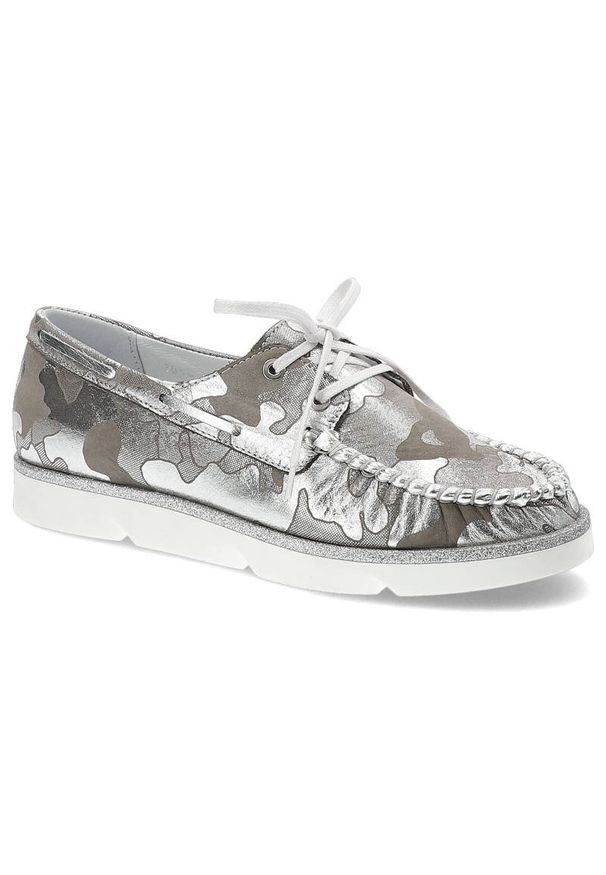 Srebrne Mokasyny Simen Damskie Buty Płaskie. Okazja: na co dzień. Kolor: srebrny. Materiał: skóra. Wzór: moro. Sezon: lato, wiosna. Styl: casual, klasyczny