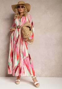 Renee - Różowo-Zielona Rozkloszowana Sukienka z Gumką w Talii i Akwarelowym Wzorem Kasille. Kolor: różowy #1