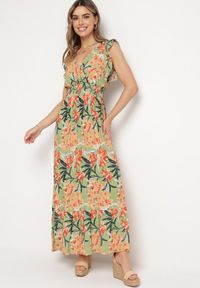Born2be - Zielona Sukienka z Wiskozy Yenek. Kolor: zielony. Materiał: wiskoza. Długość rękawa: krótki rękaw. Wzór: nadruk, aplikacja. Typ sukienki: kopertowe, rozkloszowane. Styl: elegancki, wizytowy. Długość: maxi #5