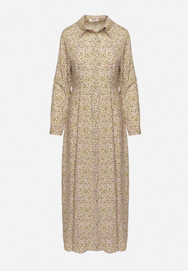 Born2be - Zielono-Beżowa Sukienka Perippe. Kolor: zielony. Wzór: kolorowy, aplikacja, kwiaty, nadruk. Typ sukienki: rozkloszowane, koszulowe. Długość: maxi