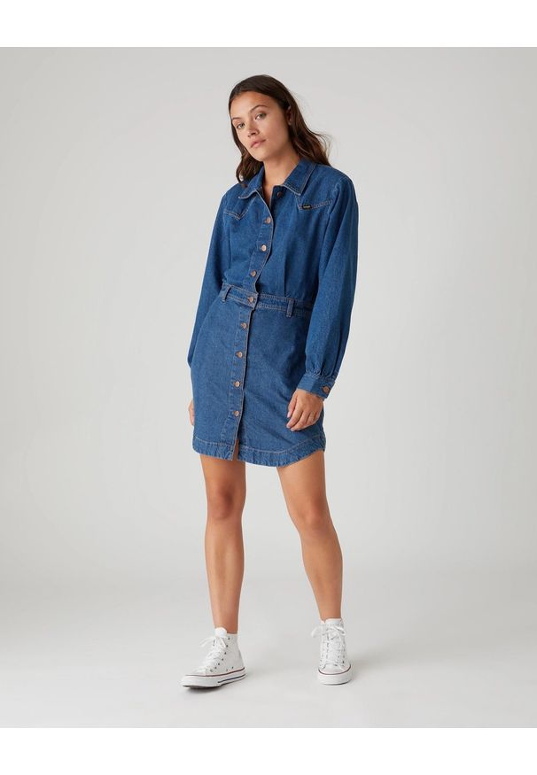 Wrangler - SUKIENKA JEANSOWA WRANGLER PUFF SLEEVE WESTERN MID INDIGO W9P4LLX8E 112132455. Materiał: jeans