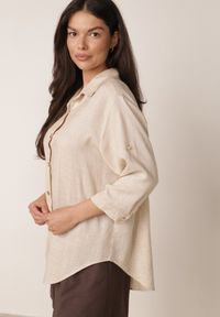 Born2be - Beżowa Koszula Casual z Wiskozą i Lnem z Rękawami 3/4 Linyana. Okazja: na co dzień. Typ kołnierza: kołnierzyk klasyczny. Kolor: beżowy. Materiał: len, wiskoza. Długość: długie. Styl: casual #4