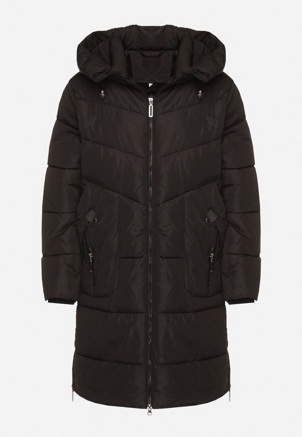 Born2be - Czarna Kurtka Pikowana z Kapturem i Suwakami po Bokach Lindrie. Okazja: na spacer, na co dzień. Typ kołnierza: kaptur. Kolor: czarny. Materiał: dzianina, jeans, poliester. Długość: długie. Styl: casual