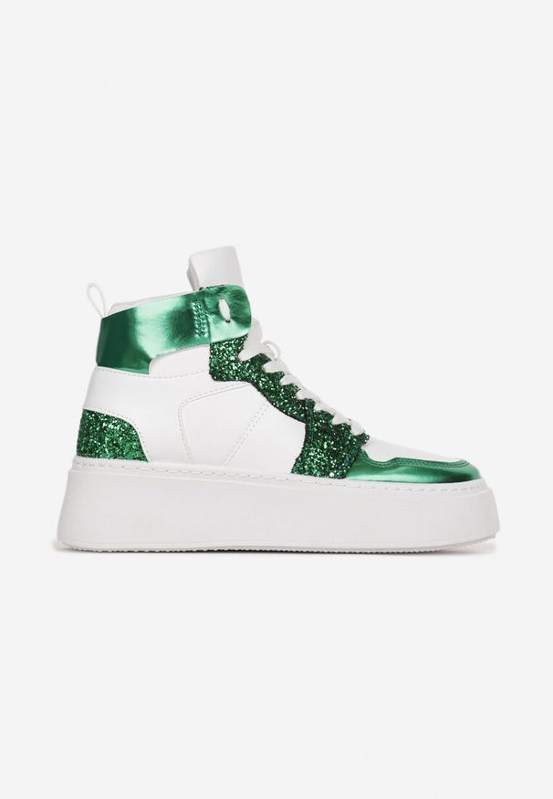 Renee - Biało-Zielone Sznurowane Sneakersy za Kostkę z Brokatem i Metalicznymi Wstawkami Sareena. Wysokość cholewki: za kostkę. Kolor: biały