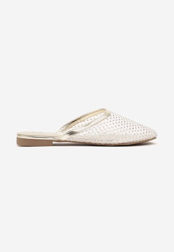 Born2be - Złote Klapki z Transparentnej Siatki z Cyrkoniami Lanissa. Okazja: na co dzień, na imprezę. Kolor: złoty. Materiał: jeans. Wzór: aplikacja. Styl: elegancki, casual