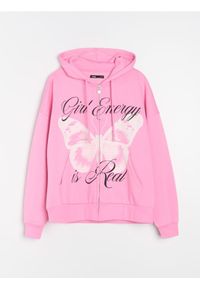 Sinsay - Bluza zip hoodie z nadrukiem - różowy. Kolor: różowy. Wzór: nadruk
