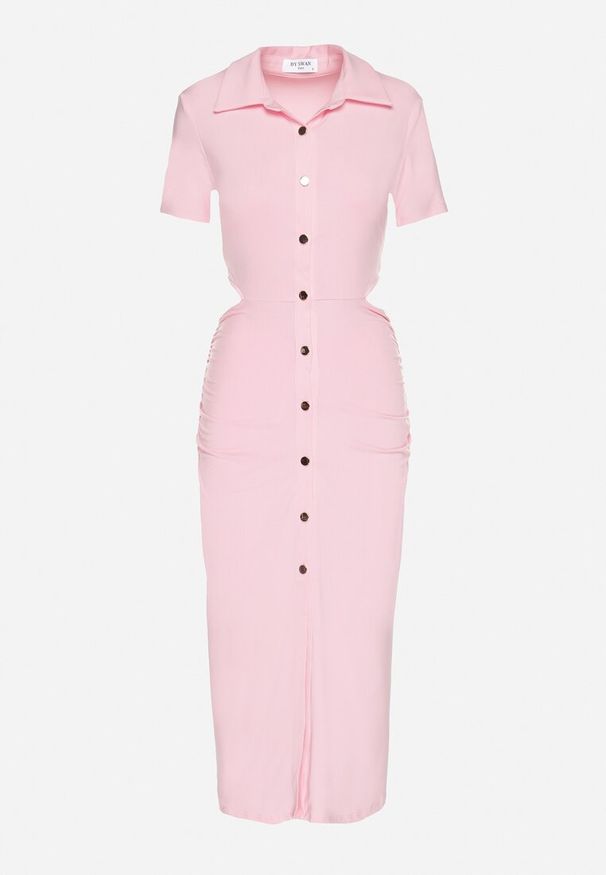 Born2be - Różowa Sukienka Koszulowa z Wycięciami w Talii i i Marszczeniami Zapinana na Guziki Quvlea. Okazja: na co dzień. Kolor: różowy. Materiał: wiskoza, jeans. Typ sukienki: koszulowe. Styl: casual