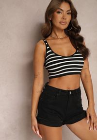 Renee - Czarne Szorty Denimowe High Waist z Efektem Push-Up i Asymetrycznymi Nogawkami Zilisea. Okazja: na co dzień. Stan: podwyższony. Kolor: czarny. Materiał: materiał. Styl: casual