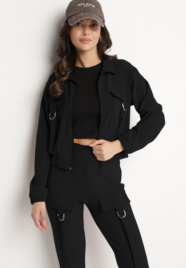 Born2be - Czarny Komplet Dresowy Bluza Rozpinana i Spodnie Slim w Stylu Utility Telavienna. Kolor: czarny. Materiał: dresówka