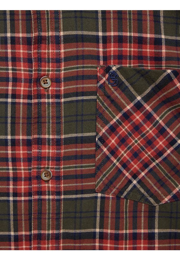 Big-Star - Koszula męska flanelowa w kratę bordowo-khaki Koner 303. Okazja: na co dzień. Typ kołnierza: kołnierzyk klasyczny. Kolor: zielony. Materiał: materiał. Długość rękawa: długi rękaw. Długość: długie. Wzór: haft, aplikacja, kratka. Styl: klasyczny, casual