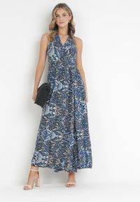 Born2be - Granatowo-Czarna Sukienka Maxi o Kopertowym Kroju z Wiązaniem z Wiskozy Wilna. Kolor: niebieski. Materiał: wiskoza. Typ sukienki: kopertowe. Długość: maxi #1