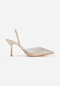 Born2be - Złote Transparentne Szpilki z Odkrytą Piętą i Cyrkoniami na Nosku Ilunatia. Okazja: na co dzień, na randkę, na ślub cywilny, na wesele. Kolor: złoty. Materiał: jeans. Obcas: na szpilce. Styl: casual, elegancki, wizytowy #5