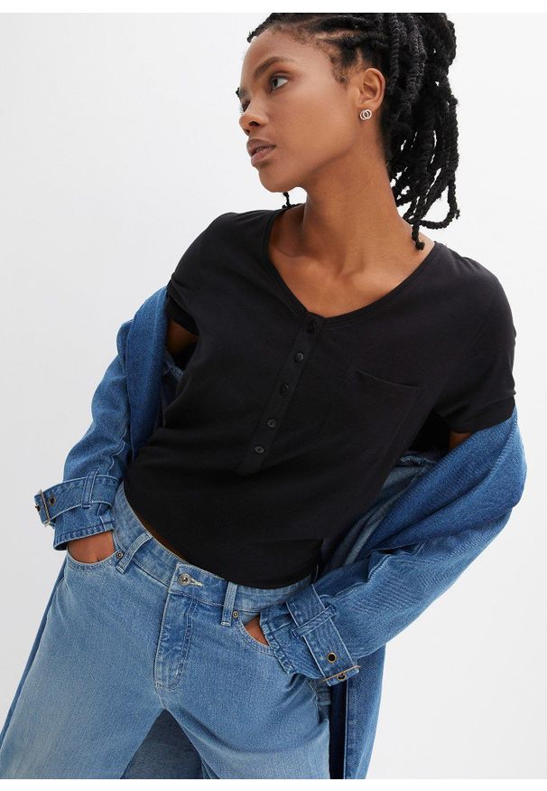 bonprix - T-shirt z plisą guzikową. Typ kołnierza: dekolt w serek. Kolor: czarny