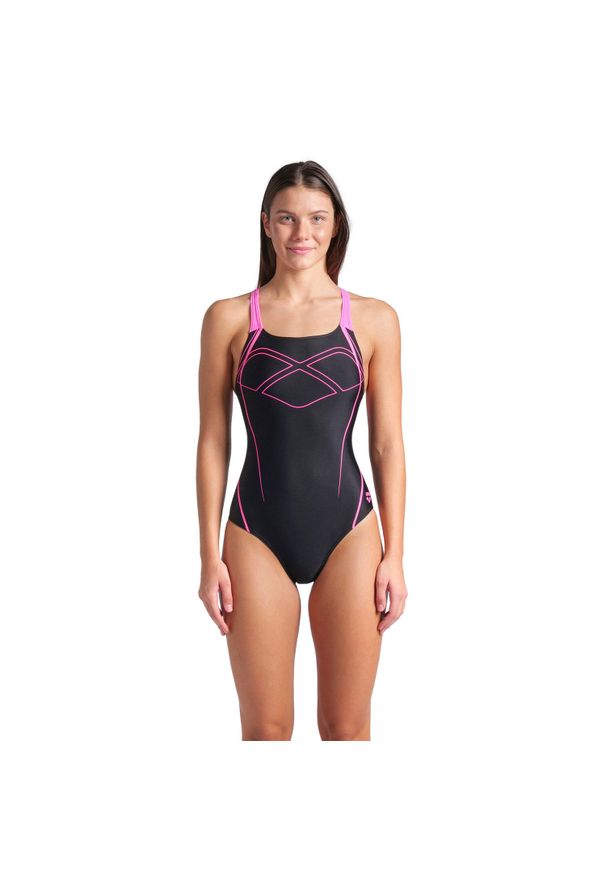 Damski kostium kąpielowy 1-częściowy Arena Graphic Pro. Kolor: wielokolorowy, czarny, różowy