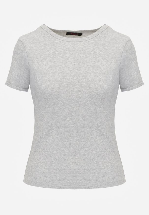 Renee - Szary Bawełniany T-shirt o Dopasowanym Kroju z Prążkowanego Materiału Lailya. Okazja: na co dzień. Kolor: szary. Materiał: prążkowany, materiał, bawełna. Wzór: gładki. Styl: casual, klasyczny