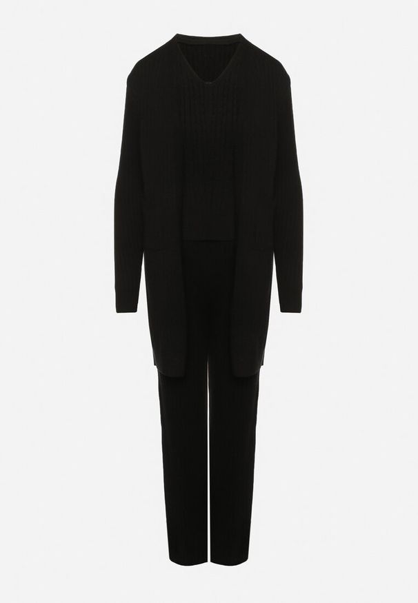 Born2be - Czarny Komplet Dzianinowy z Bawełną Spodnie Kamizelka i Długi Kardigan Meviravia. Kolor: czarny. Materiał: dzianina, bawełna