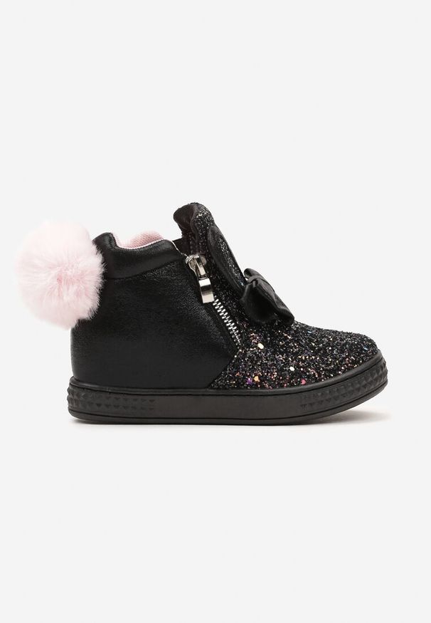 Born2be - Czarne Botki na Ukrytym Koturnie z Brokatem Kokardą i Futrzanym Pomponem Mazidra. Okazja: na imprezę, na co dzień. Kolor: czarny. Materiał: futro. Styl: casual