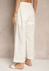 Renee - Jasnobeżowe Spodnie High Waist z Bawełnianej Tkaniny Zdobionej Haftem Mevirona. Okazja: na co dzień. Stan: podwyższony. Kolor: beżowy. Materiał: bawełna, tkanina. Wzór: haft, aplikacja. Styl: casual, elegancki #5