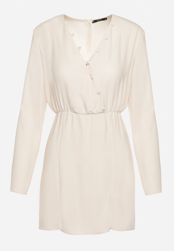 Born2be - Jasnobeżowa Dopasowana Sukienka z Gumką w Pasie Zapinana na Guziki Dimma. Okazja: na co dzień. Kolor: beżowy. Długość rękawa: długi rękaw. Styl: casual, wizytowy