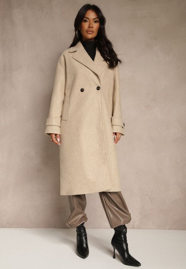 Renee - Beżowy Elegancki Płaszcz z Wełny i Wiskozy o Dwurzędowym Kroju Oversize Tilisana. Kolor: beżowy. Materiał: wiskoza, wełna. Styl: elegancki