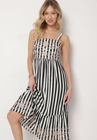 Born2be - Czarno-Biała Sukienka z Bawełny Ozdobiona Haftem Redale. Okazja: na co dzień. Kolor: czarny. Materiał: bawełna. Długość rękawa: na ramiączkach. Wzór: haft, aplikacja. Typ sukienki: proste. Styl: klasyczny, casual, elegancki #6