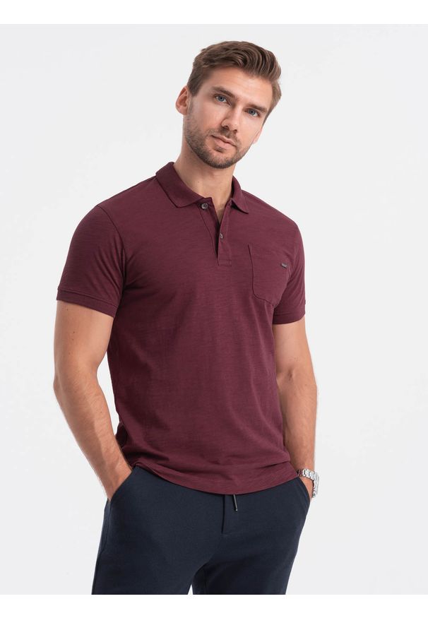 Ombre Clothing - T-shirt męski polo z ozdobnymi guzikami - bordowy V6 S1744 - XXL. Typ kołnierza: polo. Kolor: czerwony. Materiał: bawełna, dzianina