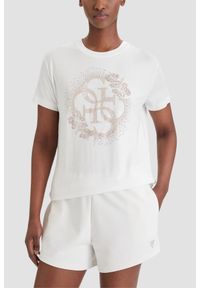 Guess - GUESS Biały damski t-shirt na krótki rękaw z cyrkoniami Corinne, Rozmiar XS. Okazja: na co dzień. Kolor: biały. Długość rękawa: krótki rękaw. Długość: krótkie. Styl: elegancki, casual #1