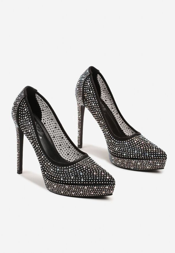 Renee - Czarne Eleganckie Szpilki z Platformą i Cyrkoniami Grelesi. Nosek buta: szpiczasty. Kolor: czarny. Obcas: na platformie. Styl: elegancki