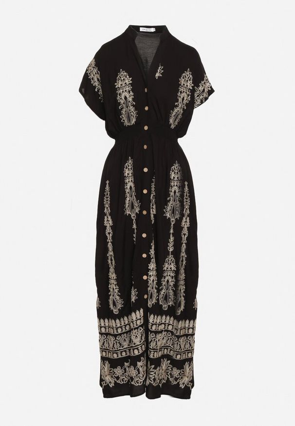 Born2be - Czarna Haftowana Taliowana Sukienka z Bawełną Zdobiona Srebrną Nicią i Gumkami Ellofia. Okazja: na co dzień. Kolor: czarny. Materiał: bawełna. Wzór: aplikacja, haft. Typ sukienki: proste. Styl: casual, elegancki, klasyczny