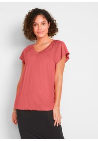 bonprix - Shirt z mieszanki wiskozy, krótki rękaw. Typ kołnierza: dekolt w serek. Kolor: różowy. Materiał: wiskoza. Długość rękawa: krótki rękaw. Długość: krótkie