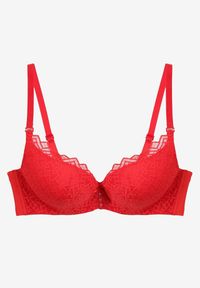 Renee - Czerwony Koronkowy Biustonosz z Efektem Push-Up Dimettra. Kolor: czerwony. Materiał: koronka. Rodzaj stanika: push-up. Wzór: koronka