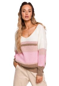 MOE - Kolorowy sweter w paski i z dekoltem w serek. Typ kołnierza: dekolt w serek. Wzór: kolorowy, paski