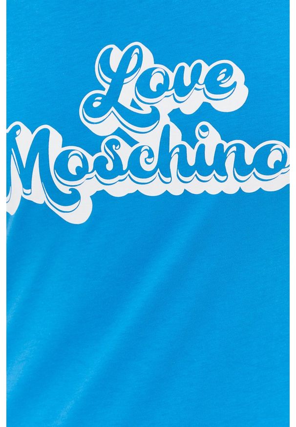 Love Moschino sukienka bawełniana mini prosta. Okazja: na co dzień. Kolor: niebieski. Materiał: bawełna. Długość rękawa: krótki rękaw. Wzór: nadruk. Typ sukienki: proste. Styl: casual. Długość: mini