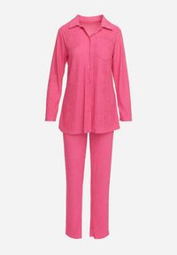 Born2be - Różowy 3-częściowy Komplet Casual z Plisowanej Tkaniny Spodnie Top i Koszula Farella. Kolor: różowy. Materiał: tkanina