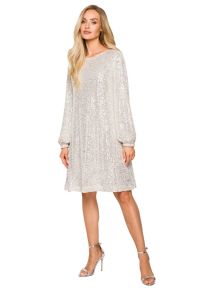 MOE - Sukienka cekinowa trapezowa z paskiem błyszcząca szampańska. Okazja: na sylwestra, na imprezę. Typ sukienki: trapezowe. Styl: wizytowy #1