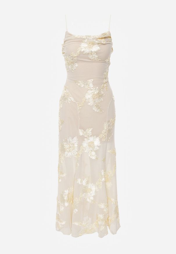 Born2be - Beżowa Koktajlowa Sukienka Siateczkowa z Odkrytymi Plecami z Wiązaniem Cezelle. Kolor: beżowy. Materiał: materiał. Wzór: aplikacja, kwiaty. Styl: wizytowy