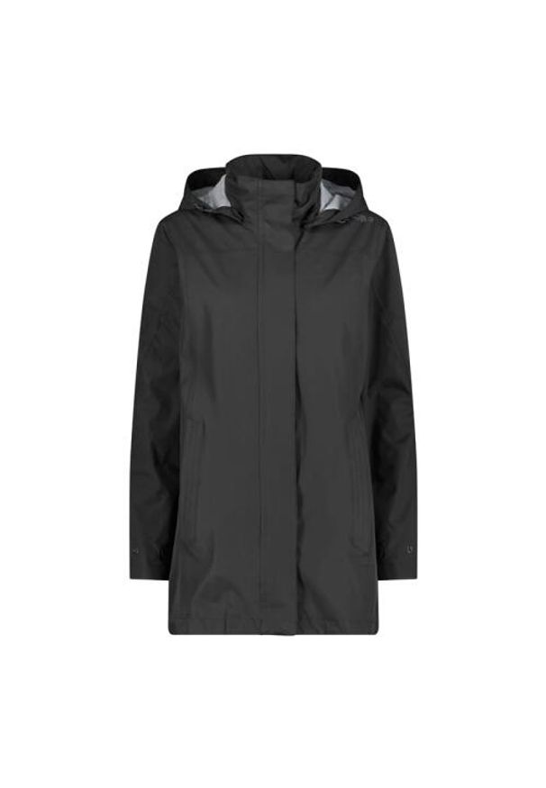 Kurtka przeciwdeszczowa damska z kapturem na napy CMP. Typ kołnierza: kaptur. Kolor: czarny. Sport: turystyka piesza