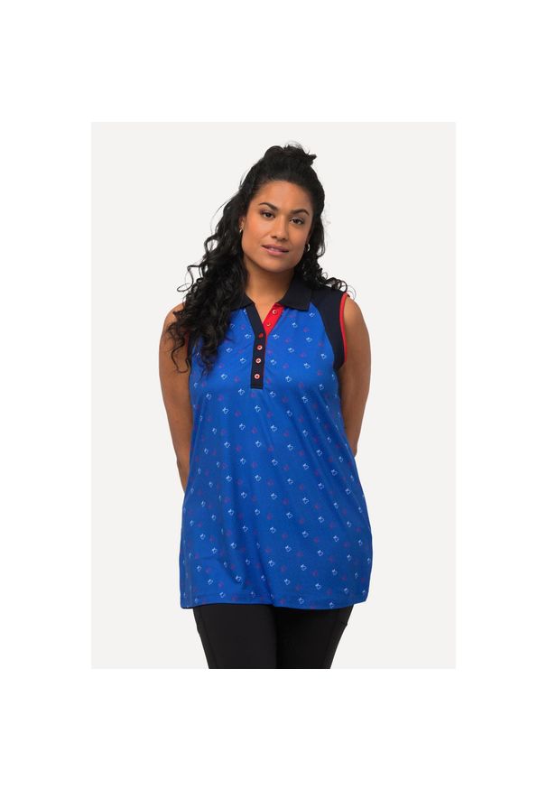 ULLA POPKEN - Damskie Top polo golfowe serduszka Slim Fit bez rękawów szybkoschnący. Typ kołnierza: polo. Kolekcja: plus size. Kolor: niebieski. Materiał: poliester, materiał, elastan. Długość rękawa: bez rękawów. Styl: sportowy