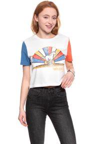 Wrangler - WRANGLER T SHIRT DAMSKI CROP TEE EGRET OFF WHITE W7382GFIO. Wzór: nadruk. Styl: vintage #7