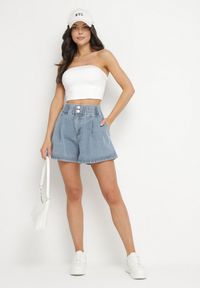 Born2be - Niebieskie Szorty Jeansowe z Szeroką Nogawka i Wysokim Stanem Rinestra. Okazja: na co dzień. Stan: podwyższony. Kolor: niebieski. Materiał: jeans. Styl: elegancki, casual #3