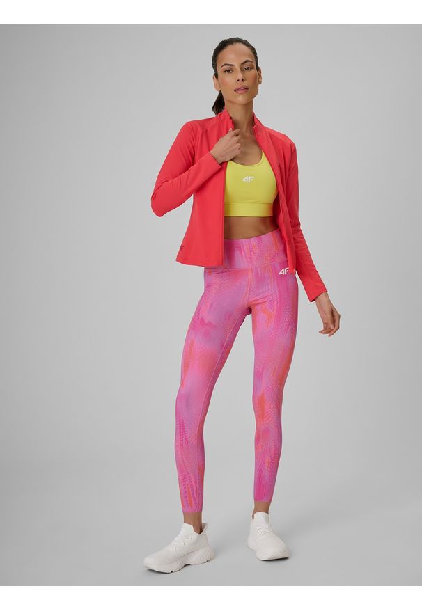 4f - 4F Bluza treningowa slim bez kaptura damska - koralowa L. Typ kołnierza: bez kaptura. Kolor: różowy. Materiał: materiał, skóra, włókno