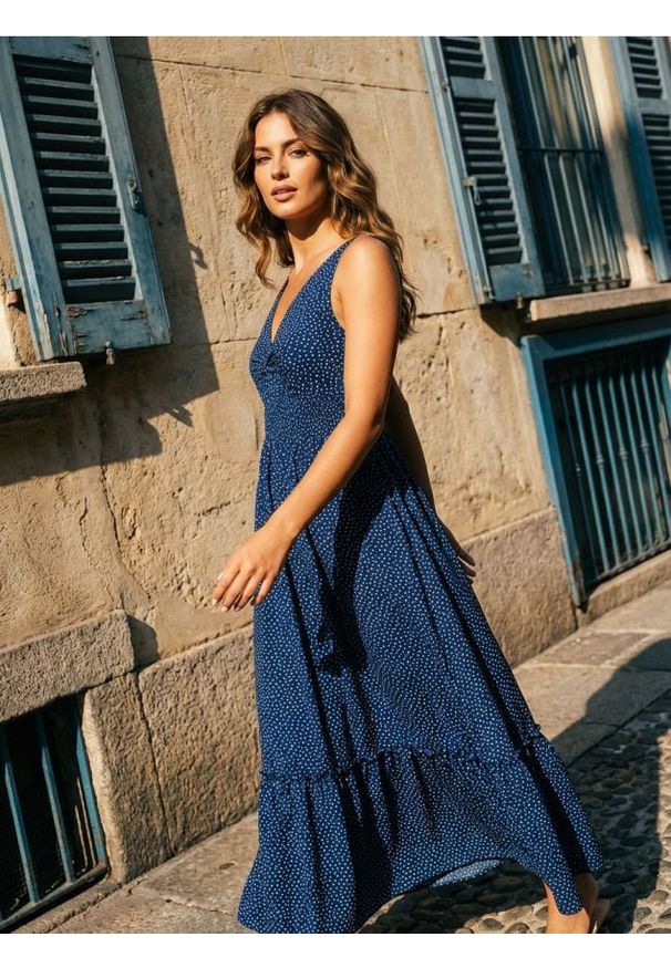 Sinsay - Sukienka maxi z falbanką w kropki - granatowy. Kolor: niebieski. Wzór: kropki. Długość: maxi