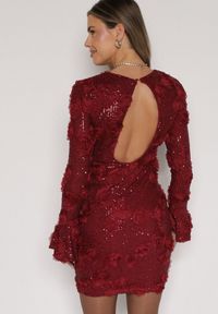 Born2be - Bordowa Cekinowa Sukienka z Kwiatami 3D Naweda. Okazja: na spotkanie biznesowe. Kolor: czerwony. Materiał: poliester, jeans. Wzór: kwiaty. Styl: biznesowy #5
