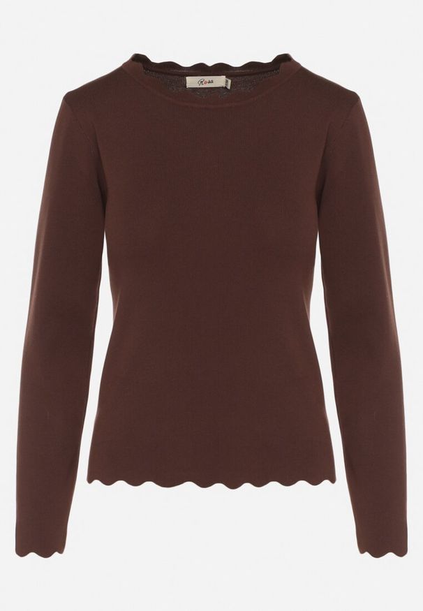 Born2be - Brązowy Sweter z Wiskozą Ozdobiony Falbankami Mevita. Typ kołnierza: kołnierz z falbankami. Kolor: brązowy. Materiał: wiskoza. Wzór: aplikacja. Styl: elegancki, klasyczny