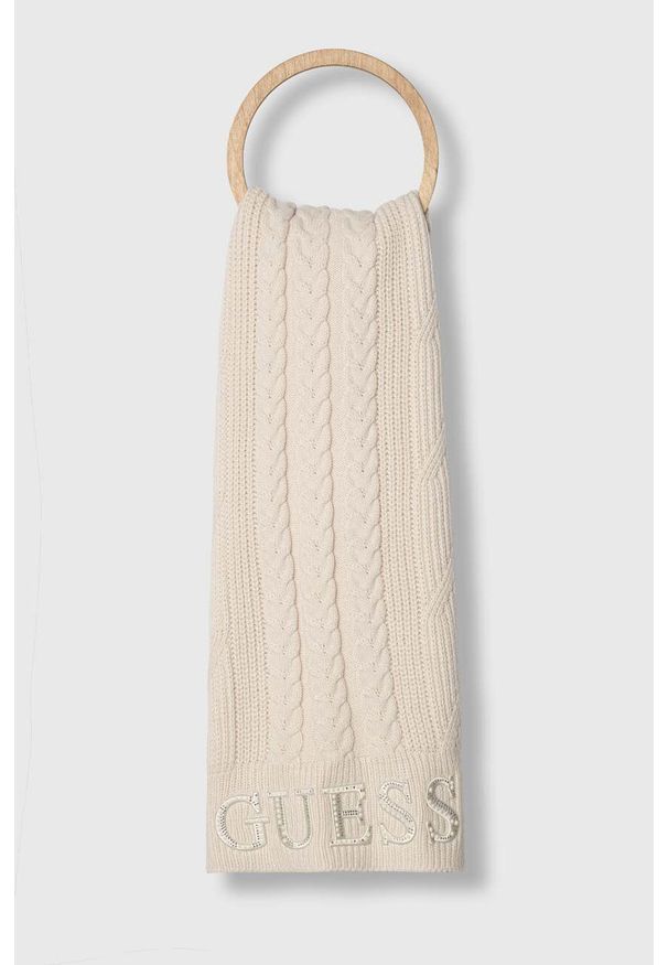 Guess szalik damski kolor beżowy z aplikacją. Kolor: beżowy. Materiał: dzianina. Wzór: aplikacja