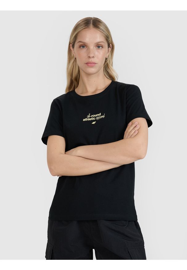 4f - 4F T-shirt regular z nadrukiem damski - czarny XS. Okazja: na co dzień. Kolor: czarny. Materiał: dzianina, jersey, bawełna, materiał. Długość rękawa: krótki rękaw. Długość: krótkie. Wzór: nadruk. Styl: casual, klasyczny, sportowy