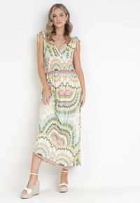 Born2be - Zielona Wiskozowa Sukienka Tie Dye Maxi z Marszczoną Gumką w Pasie Lucira. Typ kołnierza: dekolt kopertowy. Kolor: zielony. Materiał: wiskoza. Długość rękawa: bez rękawów. Typ sukienki: kopertowe. Długość: maxi #3