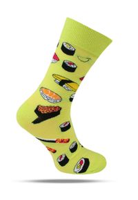 His Story - Tematyczne Skarpetki Bawełniane - Sushi na Żółtym Tle. Kolor: żółty, złoty, wielokolorowy. Materiał: elastan, bawełna, poliamid #1
