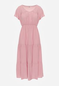 Renee - Różowa Sukienka z Wiskozy o Rozkloszowanym Kroju z Falbanami Jonmy. Okazja: na co dzień. Typ kołnierza: dekolt w serek. Kolor: różowy. Materiał: wiskoza. Długość rękawa: krótki rękaw. Wzór: aplikacja. Sezon: lato. Styl: casual, elegancki #3